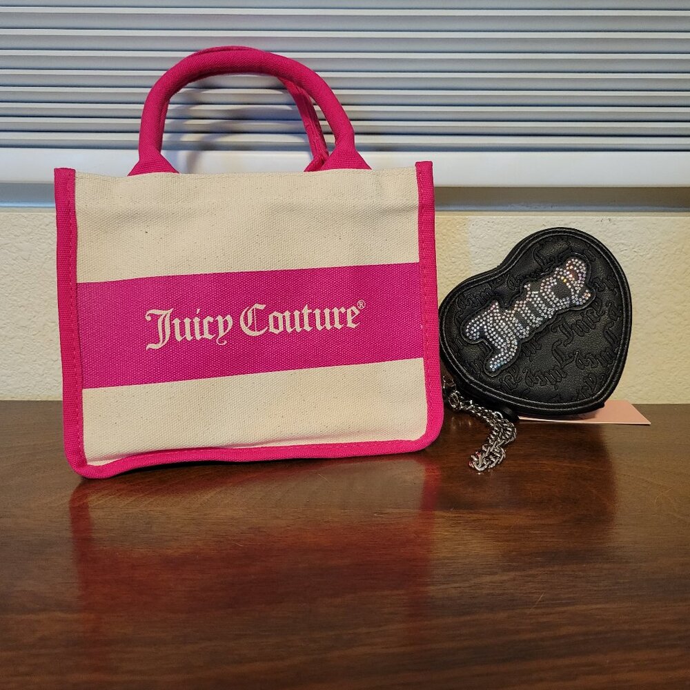 New Juicy Couture Canvas Tote Bag and Heart Shaped Zipper wristlet